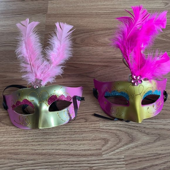 Women Eye Mask Light Up Party Mask Masquerade Mask Pink Feather Mask Lot of 2 - Picture 3 of 10